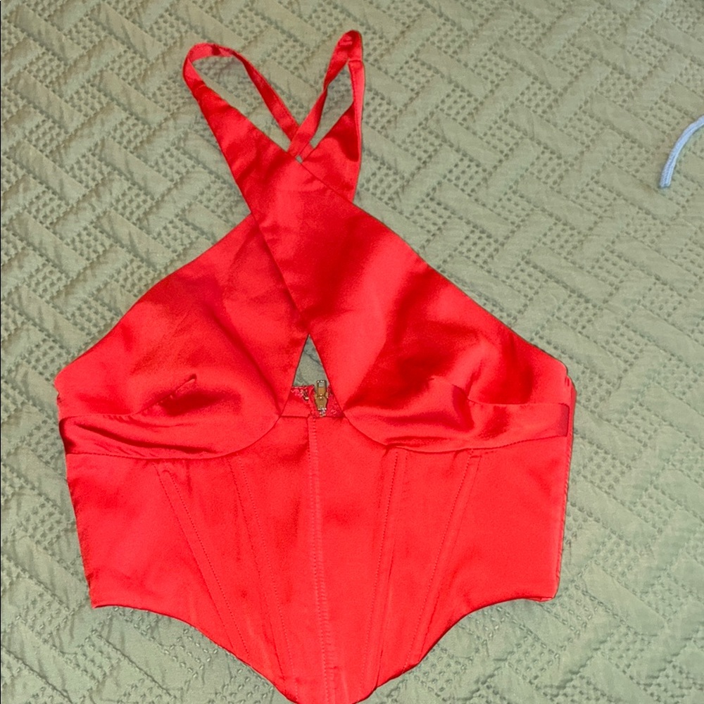 Oh Polly Vibrant Coral Cross Over Halter Top